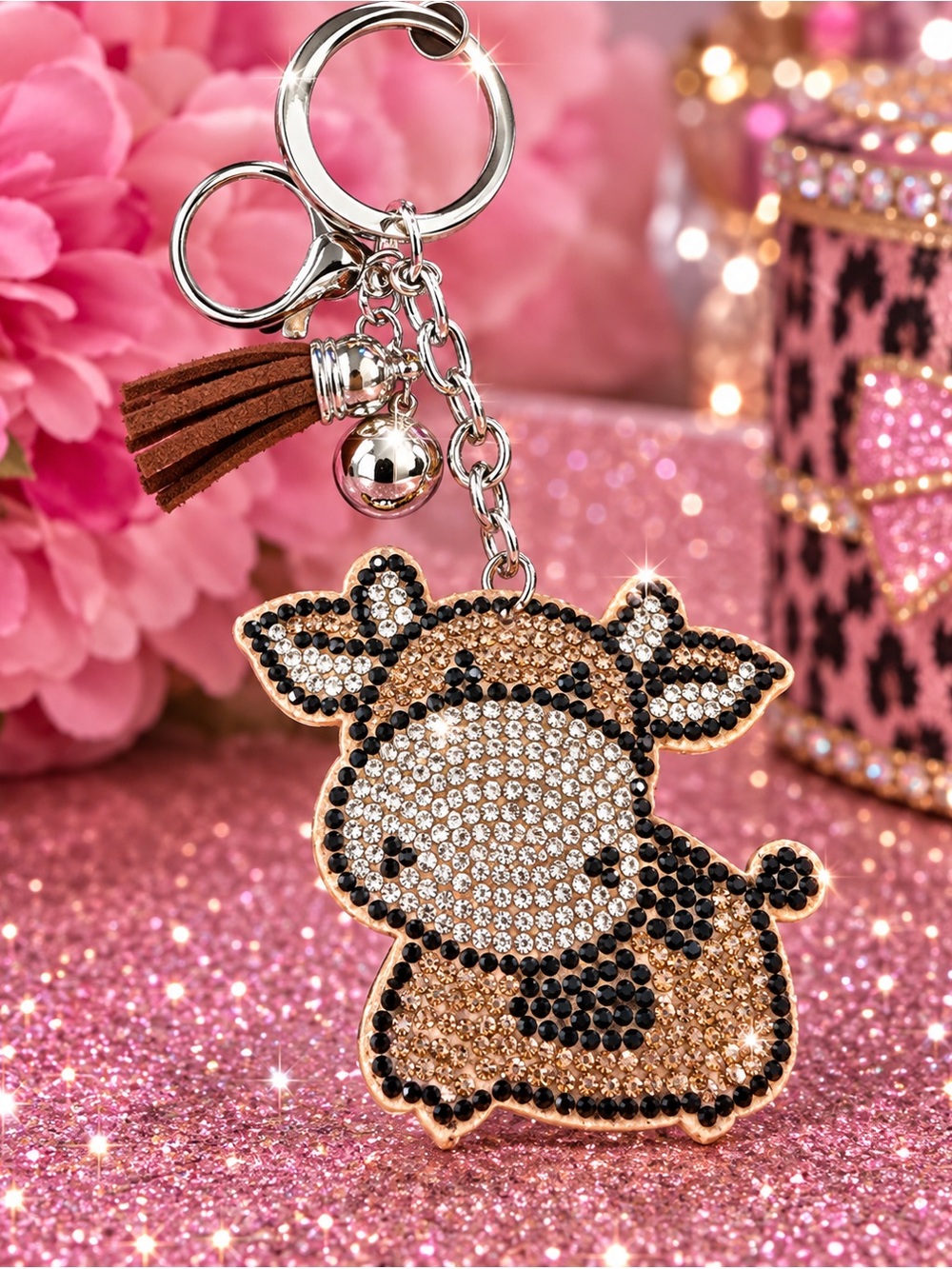 Rhinestone Cow Keychain Charm - Pink and Gold